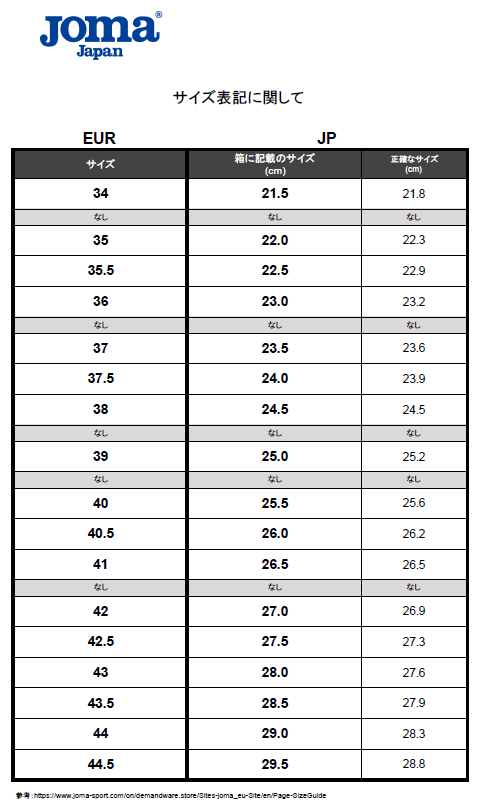 Joma Japanサイズ比較表